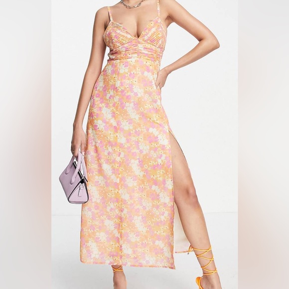 ASOS cami pleated midi dress with slit in coral floral print - Picture 1 of 3
